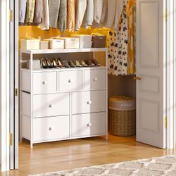 Dresser for Bedroom with 7 Drawers and 2 Shelves, TV Stand Dresser for Closet with Wooden Top and Metal Frame, Tall Dressers & Chest of Drawers, White