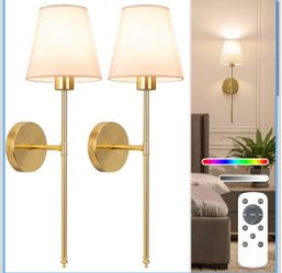 NIORSUN Battery Operated Wall Sconce Set of 2,Gold Rechargeable Wall Lights with 5200mAh Dimmable Bulbs and Remote,10 Colors Wireless Wall Lamps for B