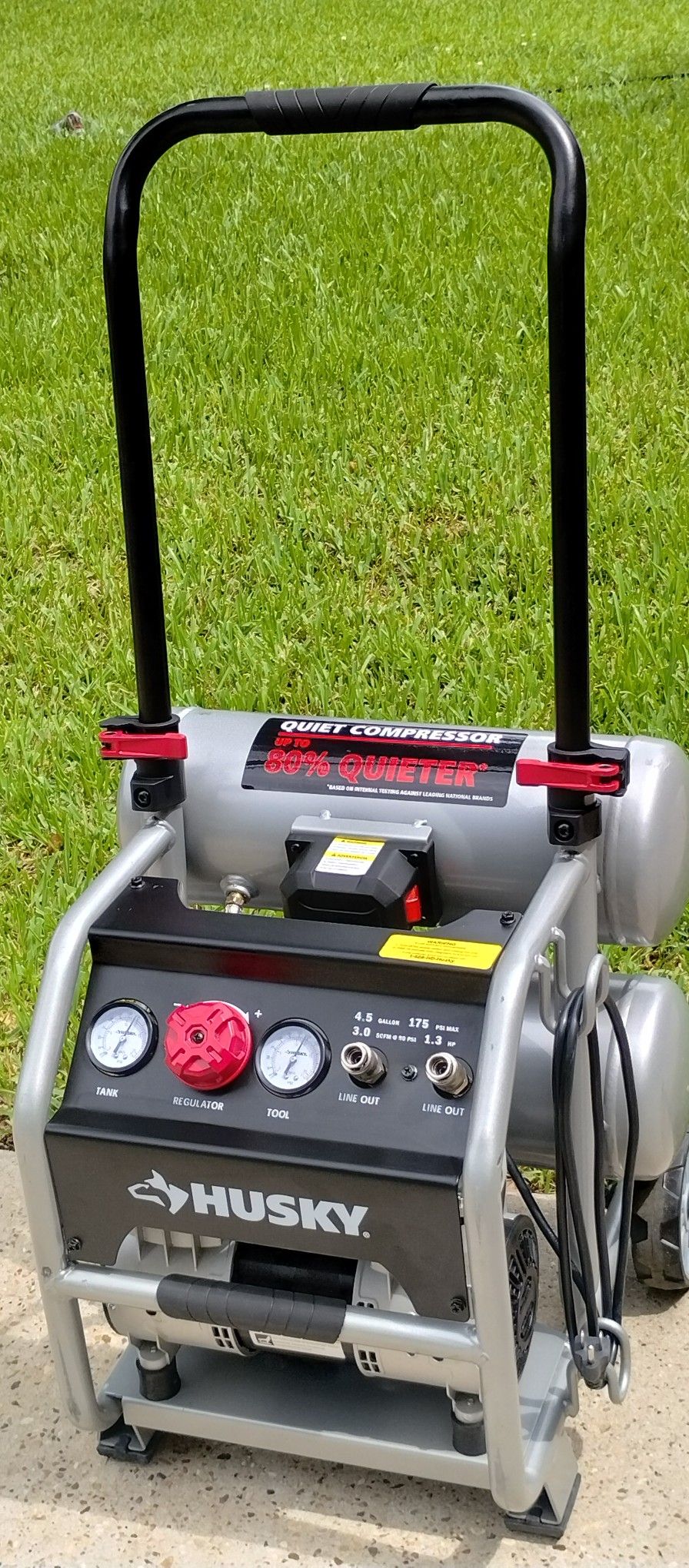 New HUSKY 4.5 Gal. 175 PSI Portable Electric Oil-Free Quiet Twin Stack Jobsite Air Compressor w/Rubber Wheels and 2-Quick Couplers
