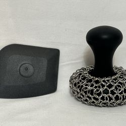 Cast Iron Chainmail Scrubber Skillet Cleaner with Handle and Scraper 2-Piece