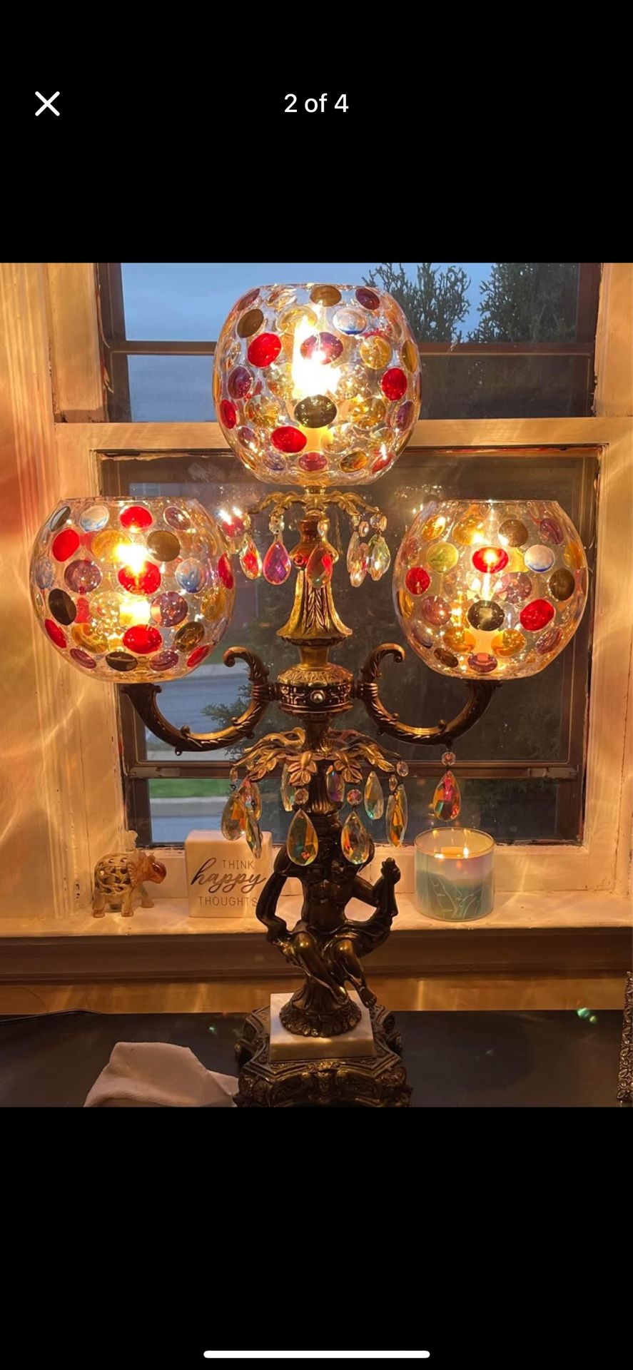RARE MID CENTURY CHERUB PUTTI LAMP HOLLYWOOD REGENCY 3 ARM CRYSTAL OPTIC DOT SHADES