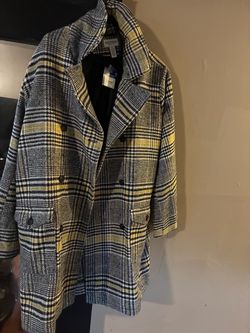 Arizona Jean Vintage Wool Blend Black Yellow Plaid Pea Coat