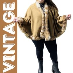 Authentic 1980s Vintage Brown Faux Fur Coat Cape