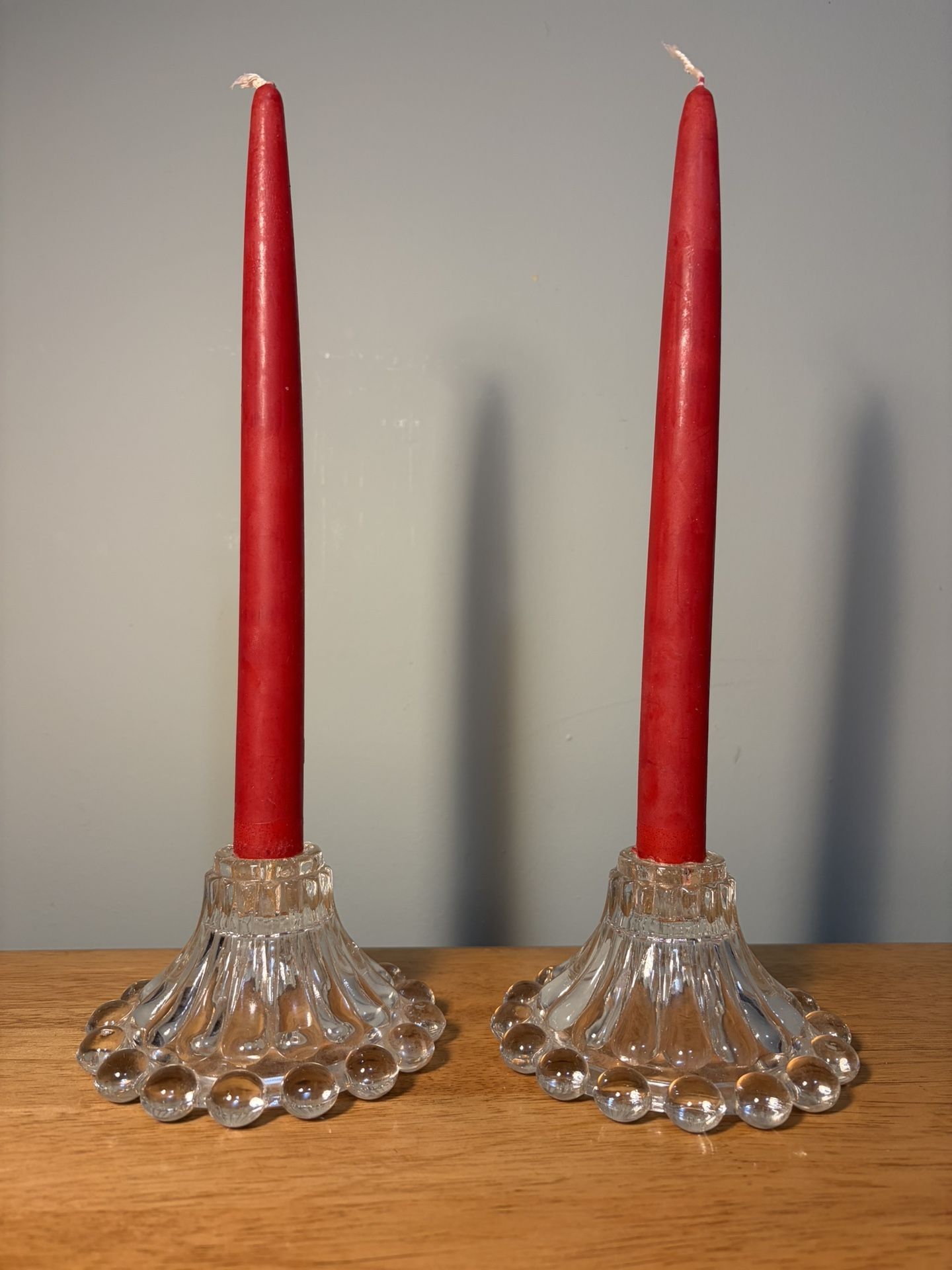 Set Of Vintage Clear Glass Anchor Hocking Berwick-Boopie Tapered Candle Holders
