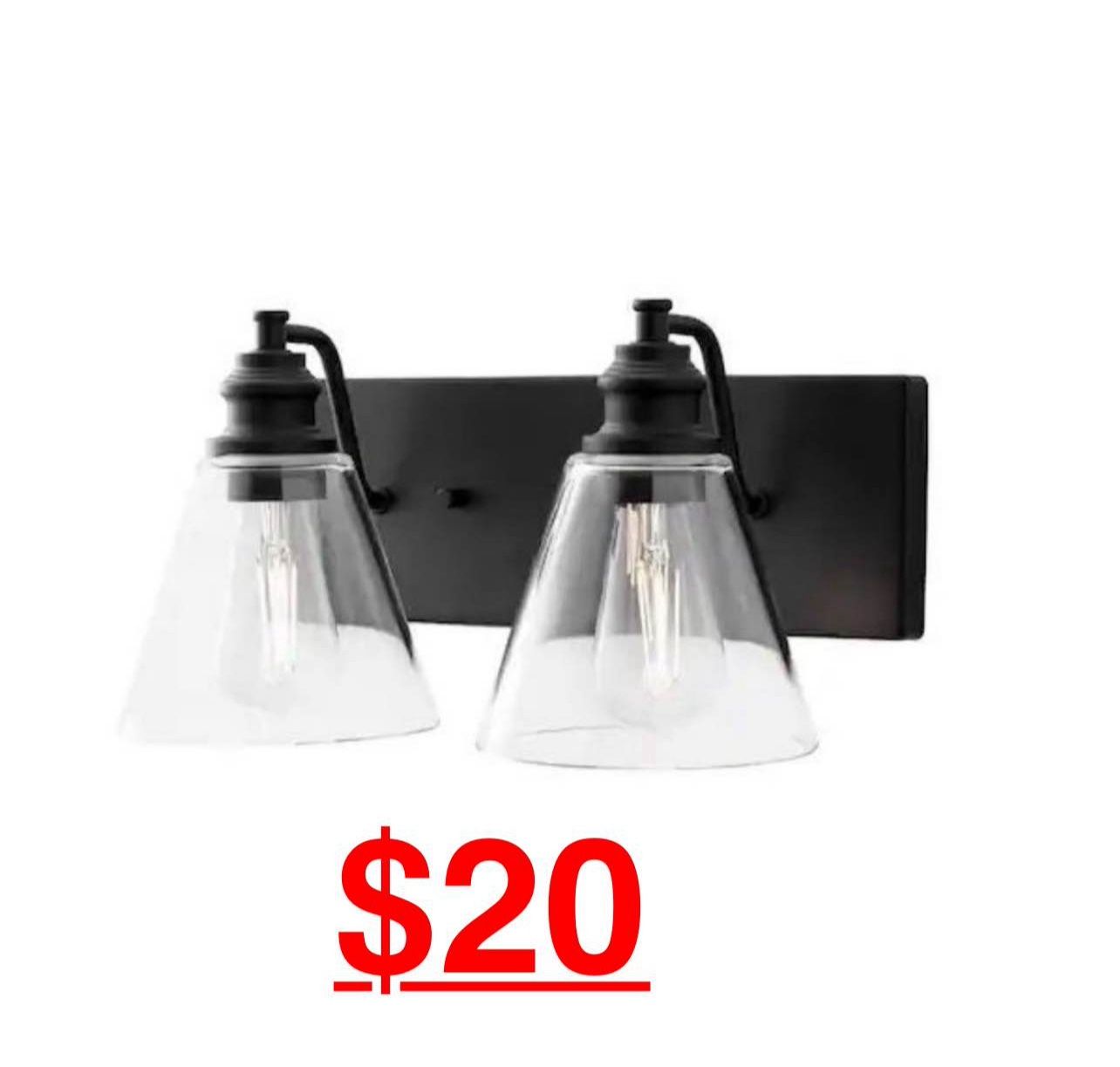 Hampton Bay Manor 15.3 in. 2-Light Matte Black Industrial Bathroom Vanity Light with Clear Glass Shades