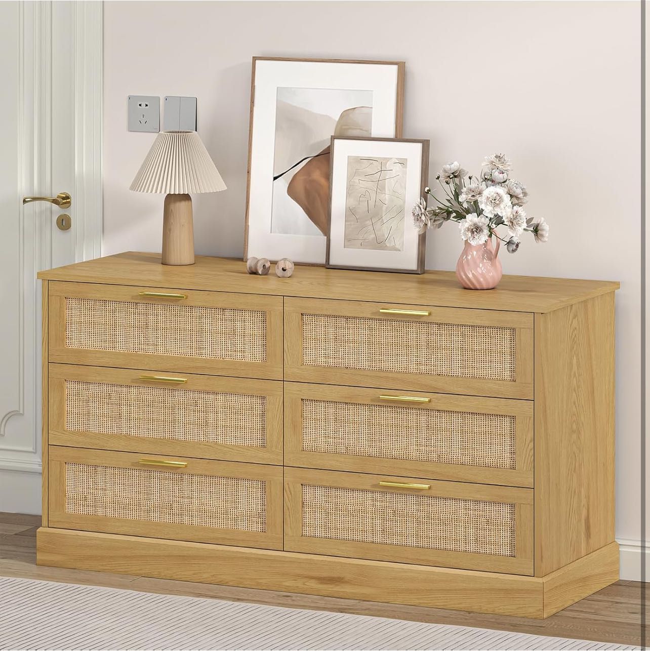 Rattan 6 Drawer TV Stand for Bedroom, Solid Wood White TV Stands & Chest of Drawers with Wide Storage Cabinet, Vinatge Wood Chest of Drawers with Wide