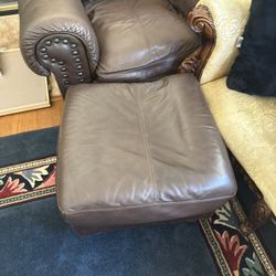 Brown Leather Oversized Armchair with Ottoman
