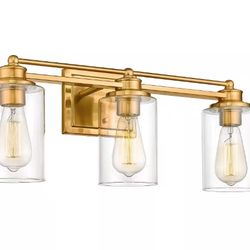 JAZAVA Farmhouse 22.5 in. 3-Light Brushed Gold Bathroom Vanity Light with Clear Glass Shades