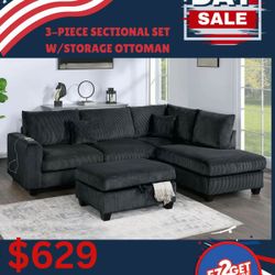 3pcs Sectional with storage ottoman $50 down with