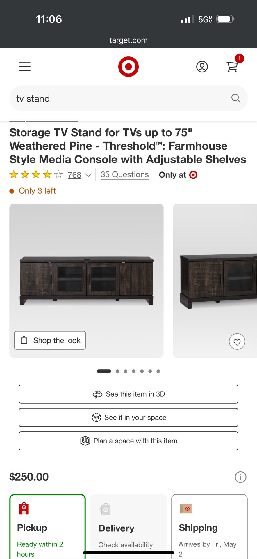 Storage TV Stand for TVs up to 75" Weathered Pine - Threshold™: Farmhouse Style Media Console with Adjustable Shelves
