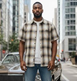 Low Rider Veterano Mens Shirt size Large brown Plaid Button front short Sleeve