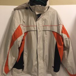 The Original Arizona Jeans Co. Mens winter jacket, Ski parka, beige/orange size large with hood, phone pocket and earphone pocket.full zip up. 