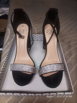 Black dude block heel sandals with rhinestones