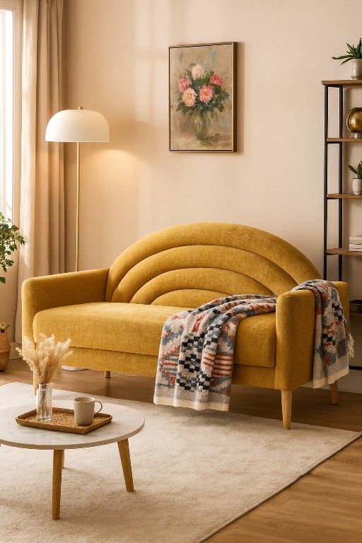 Sofa, Comfy Couch with Spring Cushions, Small Sofa for Small Spaces, Mid Century Modern Linen Upholstered Couch for Living Rooms/Bedrooms/Office, Wood