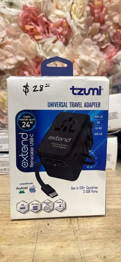 Tzumi Extend, 2 ft., 4-Outlet Compatible, USB-A port, 2 USB-C Ports Universal Travel Adapter