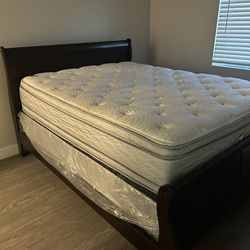 Queen Size Pillow top Mattress Set/ Wooden Bed Frame And Side Chest $50