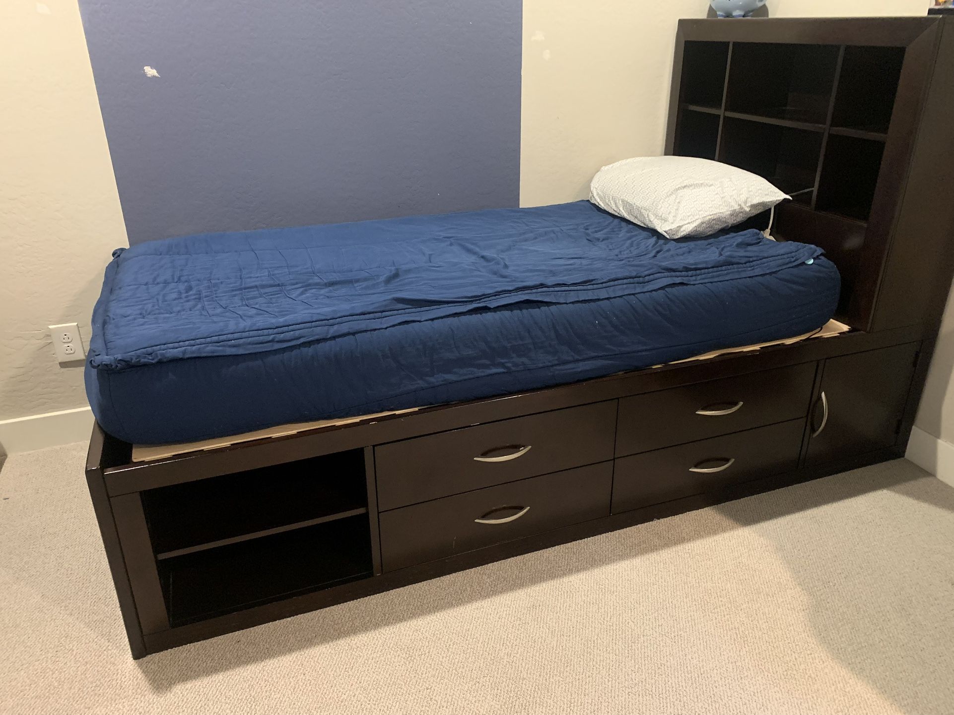 Twin Mattress And Bedframe With Drawers And Shelves.