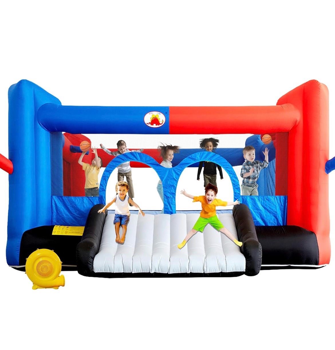 WELLFUNTIME Inflatable Bouncy Castle & Bounce House with Slide, 15.3ft x 14.7ft, Jumping Castle with Blower, Dartboard, Dual Basketball Hoop, Dual Kic