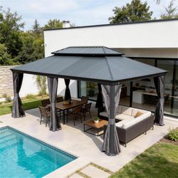 14'x22' Hardtop Gazebo with Resin Roof, Outdoor Metal Gazebo with Drainage Gutters, Permanent Heavy Duty Pavilion for Patio, Backyard and Deck, Curtai