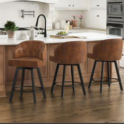 Counter Height Bar Stools Set of 3, 26" Swivel Faux Leather Upholstered Bar Stools with Backs and Metal Legs, Retro Counter Stools for Kitchen Island,