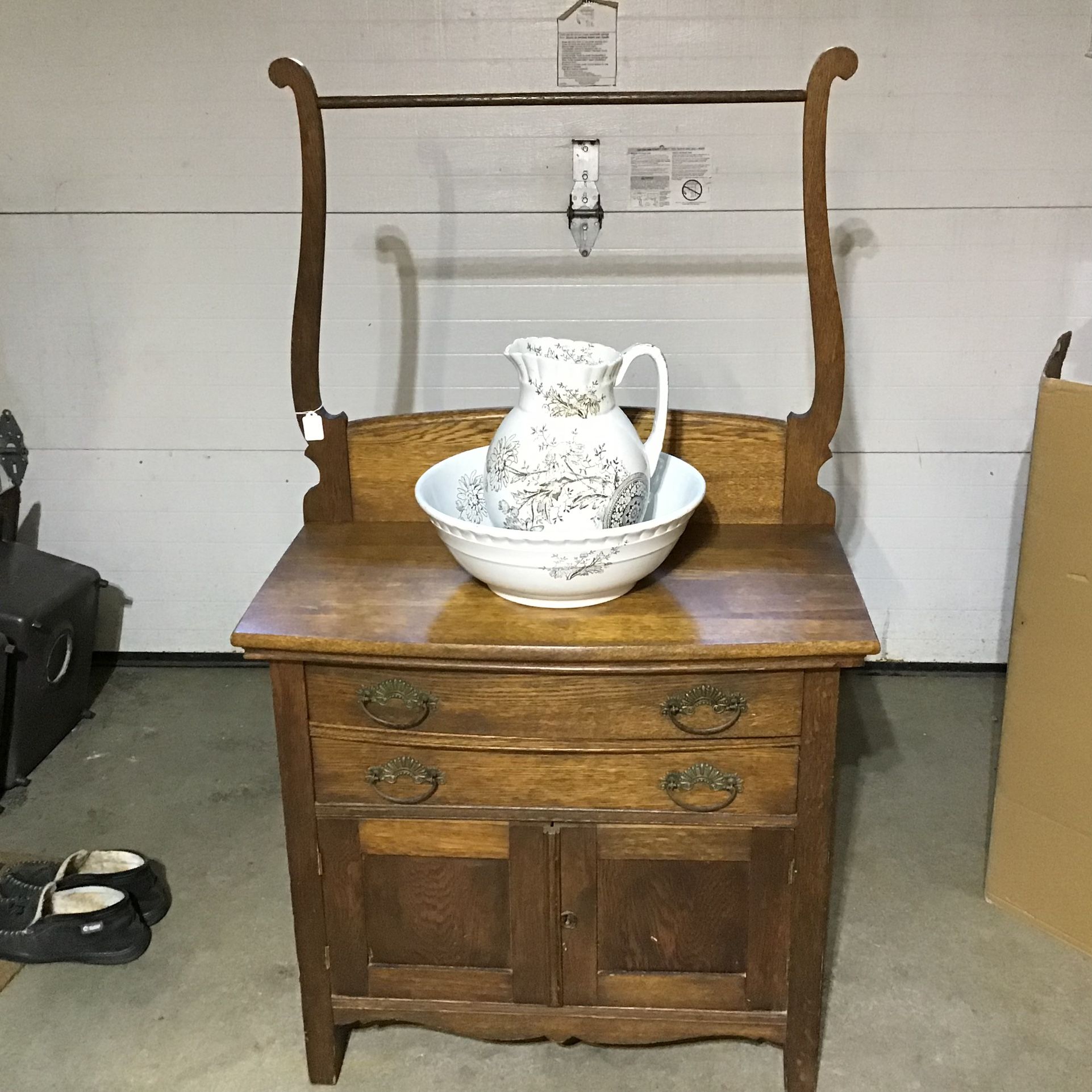 Antique Towel Cabinet And Bowl With Pitcher