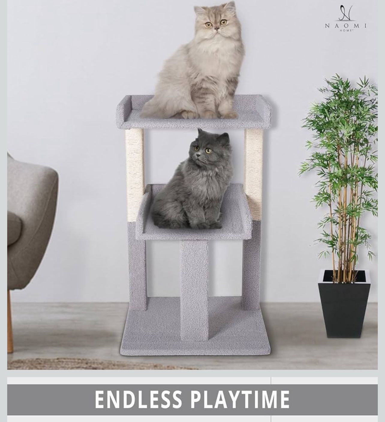 Lulu 2-Tier Gray Cat Tree Tower for Large Cats – Sturdy & Stable Cat Condo with Sisal Scratching Posts, Compact Vertical Design, Easy Assembly & Plush
