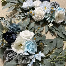 Wedding blue and White Artificial Flower Peonies and Roses, Garland With Eucalyptus leaves 