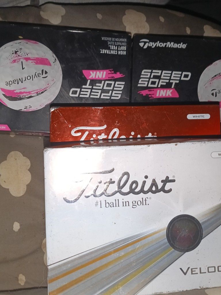 4 Sets Of Brand-new Golf Balls. $15 Apiece .2 Sets TaylorMade Speed Soft Ink Color Pink One Set Of Titleist True Feels One Titleist Velocity.