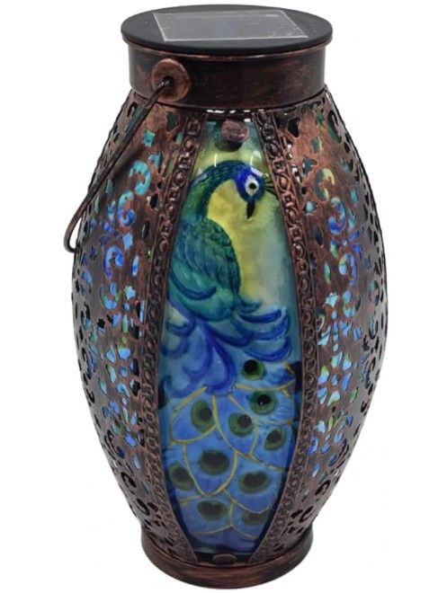 Solar Lanterns Outdoor Hanging Light - Peacock Solar Powered LED Glass Lights Decorative Waterproof Tabletop Lampwith Hollowed-Out Design for Indoor