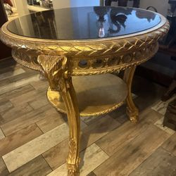 Vintage Front Entry Table 18k Gold Leaf And Beautiful Black Marble 