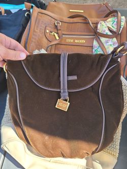 Chaps Brown Velvet Hobo Shoulder Bag w/ Gold Padlock Charm