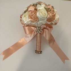 Peach And Cream Silk Rose Bouquet With Rhinestone Accents 