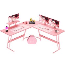 Homall L-Shaped Gaming Desk 51 Inches Corner Office Gaming Desk with Removable Monitor Riser, Pink