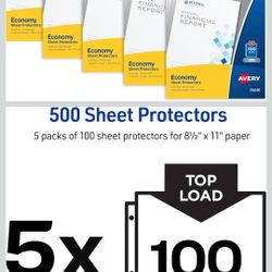 Avery Economy Weight Sheet Protectors, Acid Free, 8.5" x 11", 100 per Pack, 500 Clear Document Protectors Total (5-Pack of 75091)