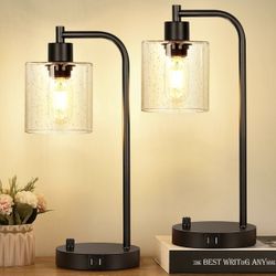 Set of 2 Table Lamps with 2 USB Port, Way Dimmable Lamps with Seeded Glass Shade - Bulb Included