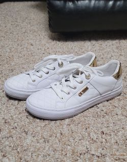 Guess Loven White Quilted Lace-Up Sneakers with Gold & Rhinestone Accent