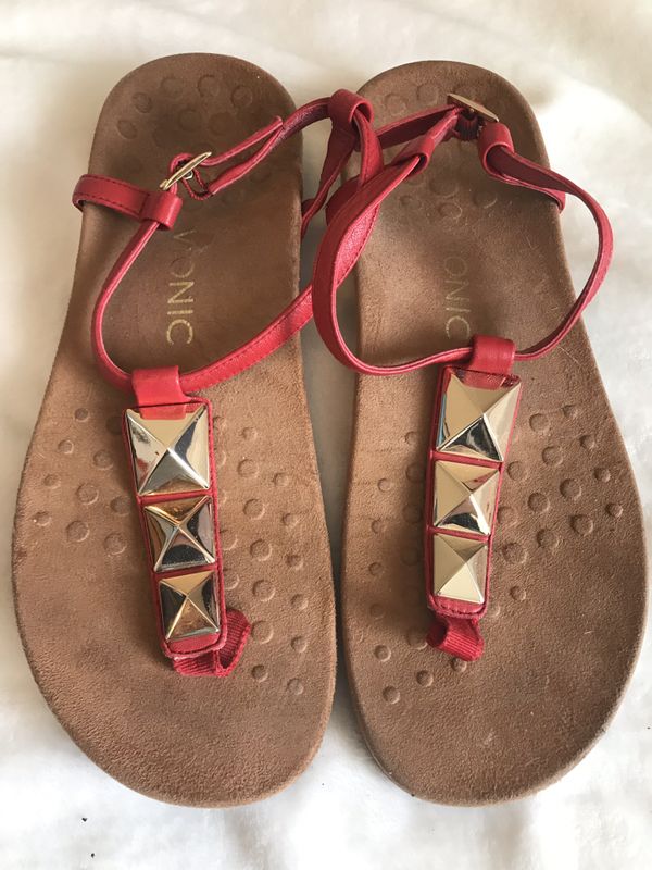 Vionic Shoes | Vionic Nala Red Leather Studded T-Strap Sandals | Color: Red | Size: 8? for Sale 