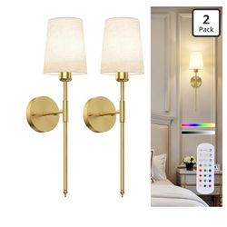 Onwecen 10000mAh Battery Operated Wall Sconces Set of Two, Wireless Gold Wall Sconce with Rechargeable Bulbs and Remote,15 Colors & Dimmable,Gold Scon