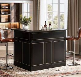 YS0348AB Black 44.09 in. L-Shaped Bar Table with Stemware Racks, 4-Tier Home Bar Unit