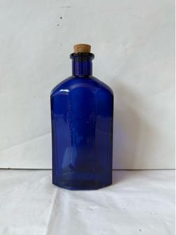 Tall 8 Sided Cobalt Blue Glass Bottle with Cork Stopper