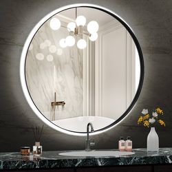 36'' Rounded Vanity Mirror with Lights, Black Frame Circle LED Bathroom Mirror, Smart Touch Control 3 Colors Dimmable Lighted Makeup Mirror, Anti-Fog,