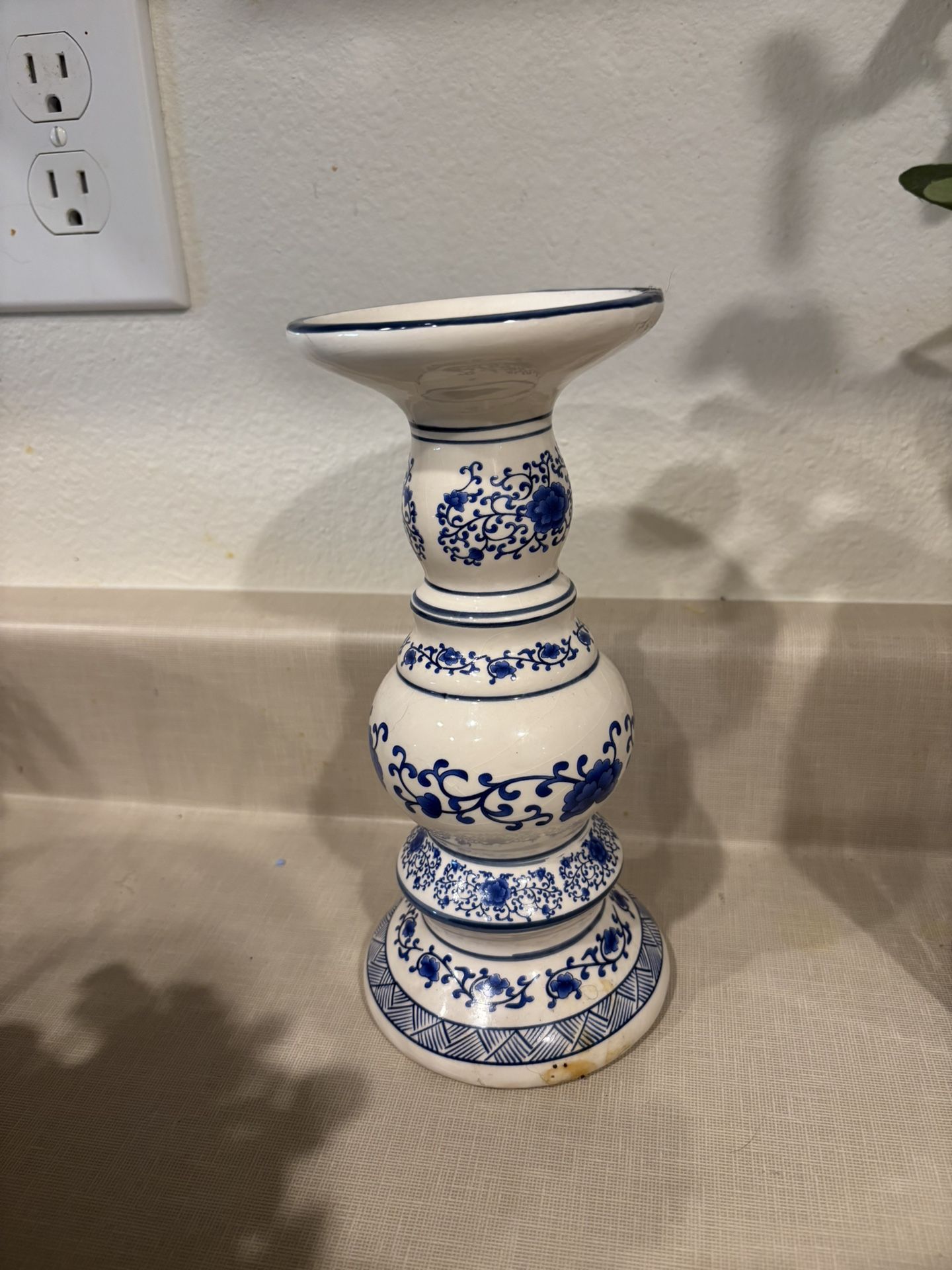 Blue And White Candle Holder 10” Tall