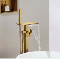 Floor Mount Bathtub Faucet Freestanding Tub Filler Standing High Flow Shower Faucets Shower Mixer Taps, Waterfall Spout with 2 In 1 Handheld