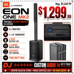 JBL EON One MK2 Portable Battery Powered PA Column System Bluetooth 5 Channel Mixer 10" Subwoofer 🚨 Payment Options Available 🚨 No Credit Needed  🚨