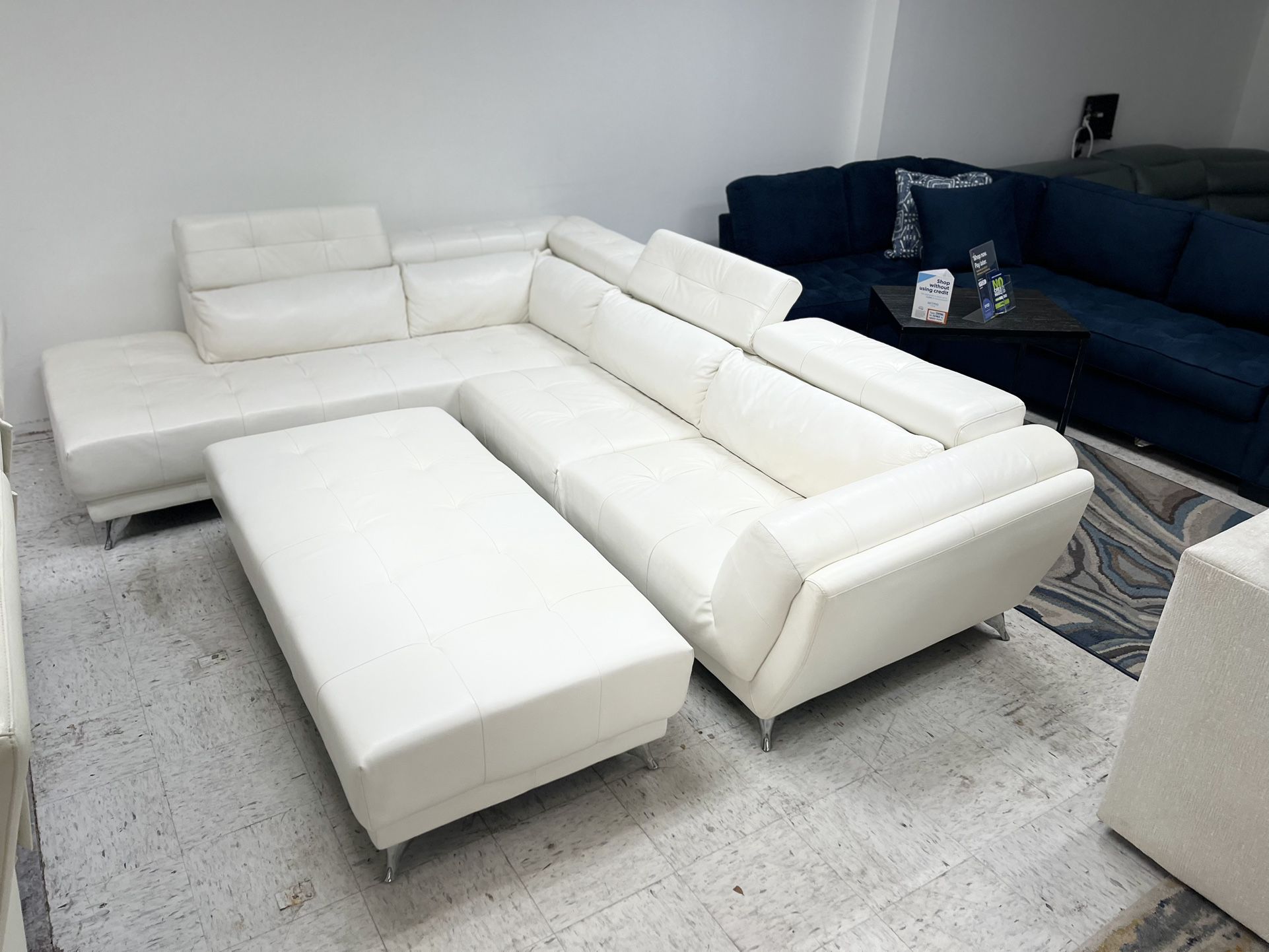 L Shaped White Leather Sectional With Ottoman - We Deliver & Finance 🔥🤯🚚