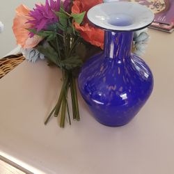 Glass Vase With Flowers Included... Blue And Gold.  Dimensions In Description 