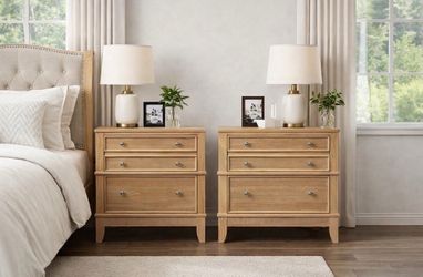 Set Of 2 - 28” (W) 3-Drawer Hazel Solid Wood Nightstands / Side Tables [NEW IN BOX] **Fully Assembled**
