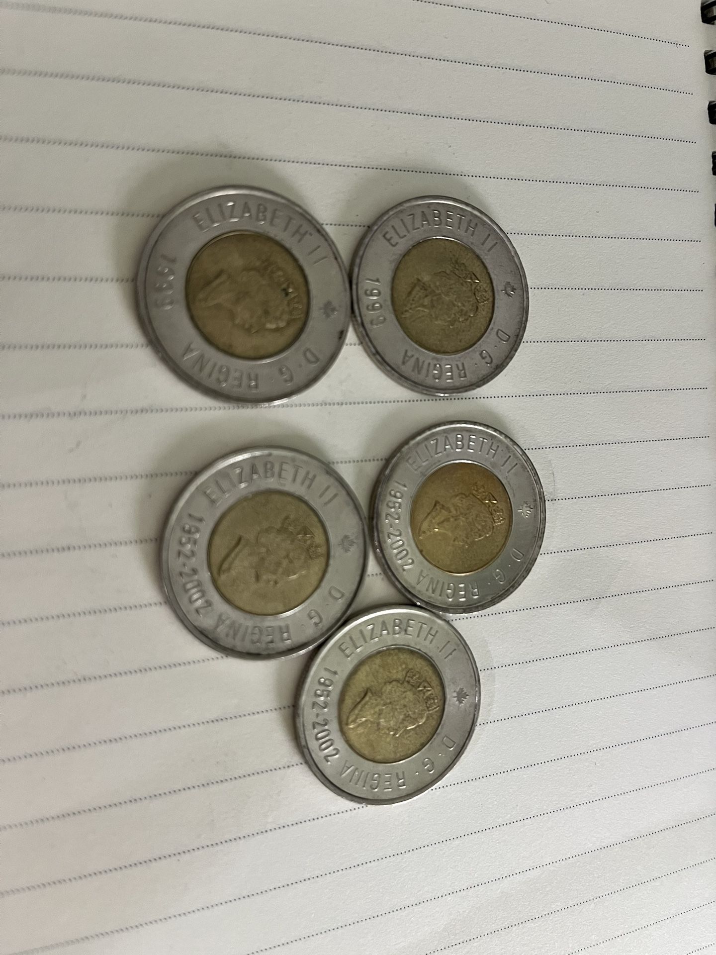 2- 1999 & 3- 2002 Canada 2 Dollar Coins