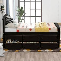 NEW Espresso Twin Size Platform Storage Bed Solid Wood Bed with 6 Drawers