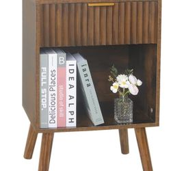 Mid Century Modern Nightstand, Wood Bedside Table with Drawer and Opening Storage, End Table Living Room Fluted Night Stand with Solid Wood Legs for B